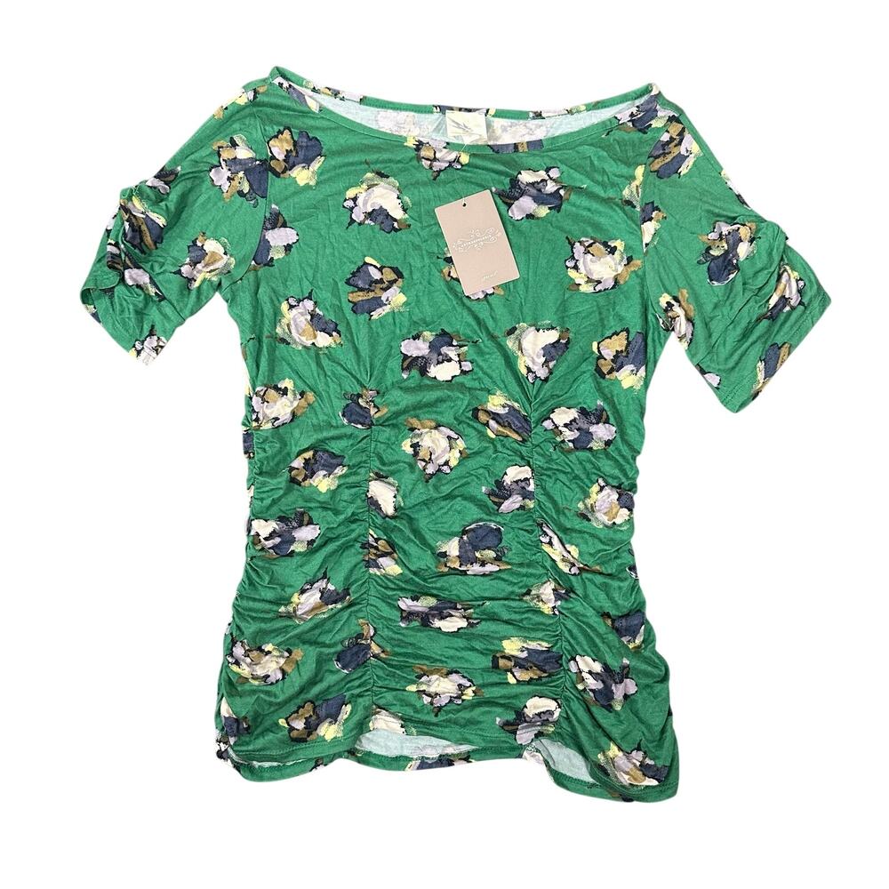 Anthropologie Women's Ruched Floral Short Sleeve Blouse Top Green Size S